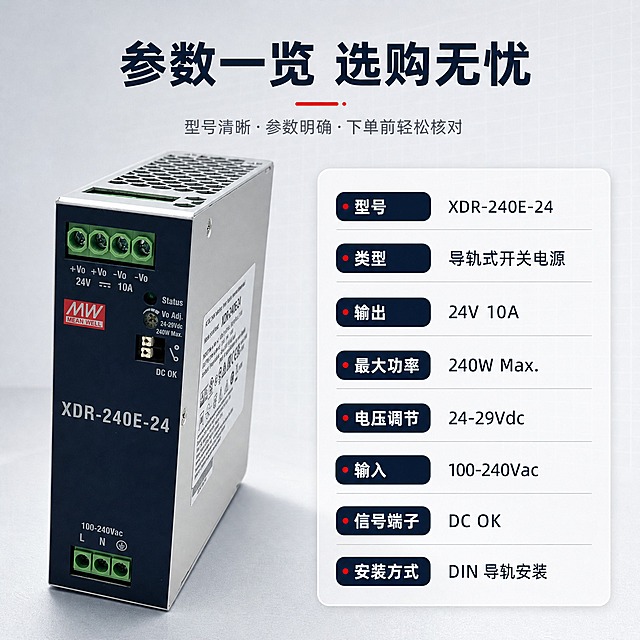 [主图-5] 购买决策/规格参数图：集中呈现型号与关键参数，帮助下单前核对信息。
[统一基调] 淘宝/天猫工业科技理性风；风格=商业摄影+信息图；背景主色=浅银灰至冷白渐变叠加细网格；主标题字色=深蓝黑(#10243C)；辅助字色=中灰(#5A6472)；强调色=明纬红(#E4002B)仅用于小面积引线、标签与光效；主标题字体=中文现代黑体粗体；说明文字=中文简洁无衬线体；字号层级=主文案最大、辅助文案缩小50%以上；组件=圆角浅底信息卡、细线引线、认证徽章、数据胶囊；光影=左前侧冷白柔光+产品接触阴影。
[画面] 使用【图77】产品正面图：产品居左占画面约40%，右侧为参数信息卡列：型号 XDR-240E-24、类型 导轨式开关电源、输出 24V 10A、最大功率 240W Max、电压调节 24-29Vdc、输入 100-240Vac、信号端子 DC OK、安装方式 DIN 导轨安装；背景浅银灰渐变加细网格；左右分栏构图，产品与参数建立明确对应关系；不出现认证徽章与未确认信息。
[光影质感] 左前侧冷白主光，产品面板、绿色端子与铭牌文字清晰真实；参数卡为平面组件带轻微投影。
[配色] 深蓝信息卡白字，浅银灰底，明纬红仅用于参数高亮小点缀；文字与背景强对比，手机端可读。
[文字版式] 主标题“参数一览 选购无忧”；参数行用“参数名+数值”格式横向排版；不出现价格、促销与绝对化用语。
[输出要求] 1:1方形，2048px，2K；避免产品变形、铭牌文字错乱、竖排文字、错别字、文字过小、参数堆叠拥挤、认证/质保/温度/保护图标、水印、二维码、平台Logo；保持参数表整洁准确。