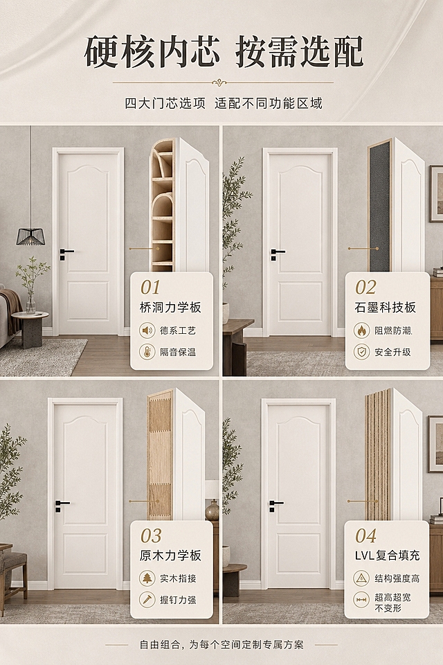 [商品] 使用【图2】白色烤漆门ZZ-844款式；保留门的法式弧形上框线、双凹线造型、黑色分体锁具、白色门套线的结构与颜色比例；通过门体剖面/分层示意展示内部四种门芯结构选项。
[画面] 页面目标：展示四大门芯选配方案，突出硬核内芯、按需定制的产品优势。构图为上文下四宫格竖版布局，顶部约1/5为标题文案区，下方约4/5为2×2四宫格，每格展示一种门芯材质的剖面示意与应用场景。四宫格分别为：左上桥洞力学板（德系工艺 隔音保温）、右上石墨科技板（阻燃防潮 安全升级）、左下原木力学板（实木指接 握钉力强）、右下LVL复合填充（结构强度高 超高超宽不变形）。每个格子包含门芯材质剖面特写+简短功能说明，背景为统一的浅灰暖调空间。
[视觉] 套系策略：风格=法式轻奢高级商业摄影，画面通透静谧；标题字=法式衬线粗体（优雅衬线）；正文字=简洁现代无衬线体；主色=奶白+浅灰棕+木色；背景延展=基于奶白、浅灰、暖棕、木色做深浅层级、同色渐变和细腻肌理质感（木纹/纸张/微水泥质感）；强调色=深棕金（古铜金），仅用于小面积图标、引线、序号和标签；标题色=深炭灰；正文色=中暖灰；组件=细线引线、圆角浅底信息卡、序号标识、优雅分割线；光影=正上方暖柔光，均匀漫射，材质剖面纹理清晰可见。
[文字] 顶部主标题"硬核内芯 按需选配"（8字），副标题"四大门芯选项 适配不同功能区域"（12字）。四宫格每格标题：「桥洞力学板」「石墨科技板」「原木力学板」「LVL复合填充」，每格配2行短说明。底部一行小字："自由组合，为每个空间定制专属方案"。
[规格] 图片比例2:3竖版，4K分辨率，负向提示：避免变形、错字、文字过小、门芯结构虚构、画面杂乱、夸张效果、二维码、水印。