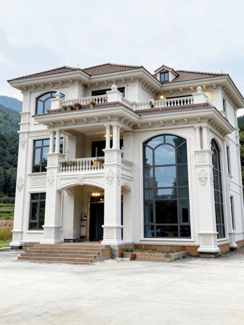 将这栋乡墅建筑外墙替换为DL-001芝麻白色水包砂饰面，保留原有建筑结构和园林景观，要求真实照片效果，水包砂质感清晰预览效果