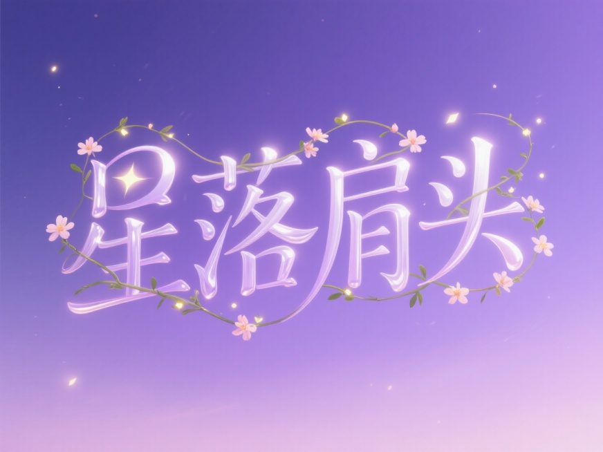 文艺清新文字 "星落肩头"：手写轻盈字体，字母间缠绕细小花藤，点缀几点萤火光斑，背景是淡紫色夜空渐变，营造朦胧梦幻的氛围。预览效果