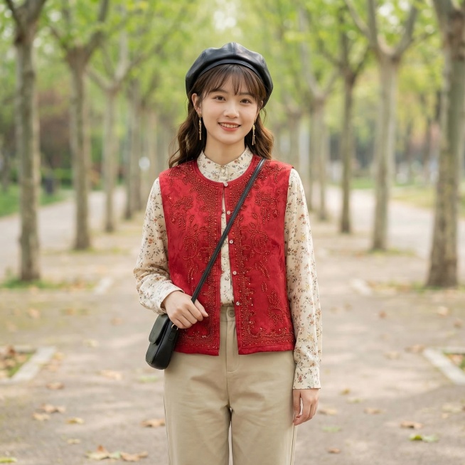同一个长相甜美的年轻东亚女生，年龄20-25岁，身穿图中这件红色提花烫钻马甲，搭配浅卡其色直筒休闲裤和米白碎花立领衬衫，上衣不塞下装。女生留高马尾，发尾烫出自然弧度，额前留碎刘海，头戴黑色皮质贝雷帽，预览效果