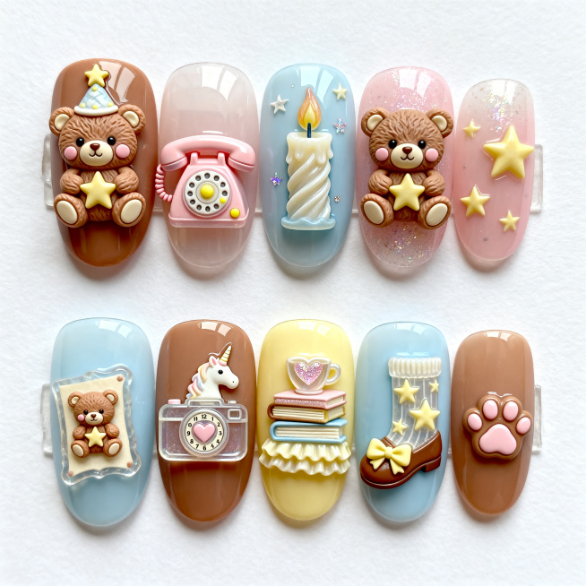 高清美甲穿戴甲展示图，平铺排列，上排5只左手指甲、下排5只右手指甲，干净白色背景，商业摄影，8K，超清晰，质感细腻，光泽通透，无多余杂物，专业美甲展示，整齐对称。软萌复古小熊主题美甲，主色调为奶茶棕、预览效果