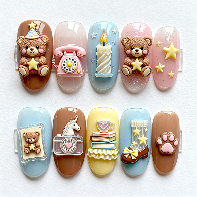 高清美甲穿戴甲展示图，平铺排列，上排5只左手指甲、下排5只右手指甲，干净白色背景，商业摄影，8K，超清晰，质感细腻，光泽通透，无多余杂物，专业美甲展示，整齐对称。软萌复古小熊主题美甲，主色调为奶茶棕、淡粉、浅蓝，搭配奶黄色点缀，低浮雕工艺，还原柔和质感，温馨治愈充满童趣。分指细节：上排（左手）拇指：奶茶棕底色，低浮雕戴星星帽子抱星星的核心小熊，帽子浅凸纹理，脸颊腮红淡粉哑光凸起；食指：淡粉底色，复古粉色电话，听筒与拨号盘轻透低浮雕，拨号盘嵌奶黄小圆点；中指：浅蓝底色，带星星装饰的蜡烛，蜡烛主体立体褶皱纹理，火焰处加细闪点缀；无名指：奶黄底色，爱心镜头相机，相机轮廓浅凸，镜头内爱心淡粉哑光凸起；小指：浅蓝底色，带小熊装饰的书签，书签边缘薄透纹理，小熊迷你奶茶棕浮雕。下排（右手）拇指：奶茶棕底色，独角兽摇摇钟，钟面数字浅凸纹理，独角兽角加细闪；食指：奶黄底色，堆叠的书籍+爱心咖啡杯，书籍边缘立体褶皱，咖啡杯爱心淡粉凸起；中指：淡粉底色，和小熊怀抱一致的星星图案，奶黄浅凸纹理；无名指：浅蓝底色，星星袜子+棕色鞋子，袜子星星薄透浮雕，鞋子蝴蝶结奶黄凸起；小指：奶茶棕底色，迷你小熊爪印，和小熊脚掌一致，爪垫淡粉哑光凸起。细闪点缀，哑光凸起纹理。