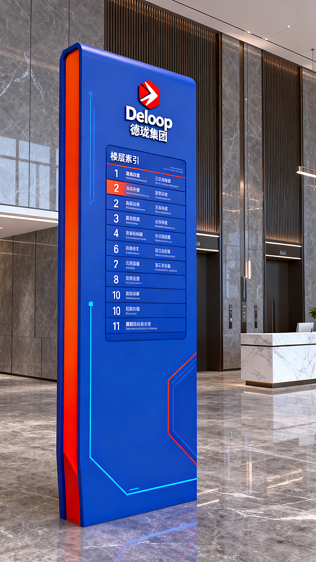 德珑集团Deloop办公大楼一楼大厅导引牌设计，现代科技风格，主色调蓝色，辅助色橙红色，大型落地导视牌，包含楼层索引区域，简洁大气科技感，带有品牌logo
