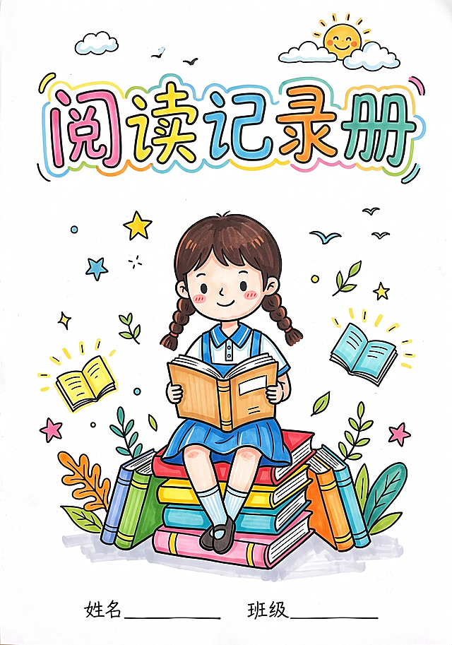 小学三年级学生阅读记录册封面，马克笔手绘风格，白底，画面简单清新，添加大标题"阅读记录册"