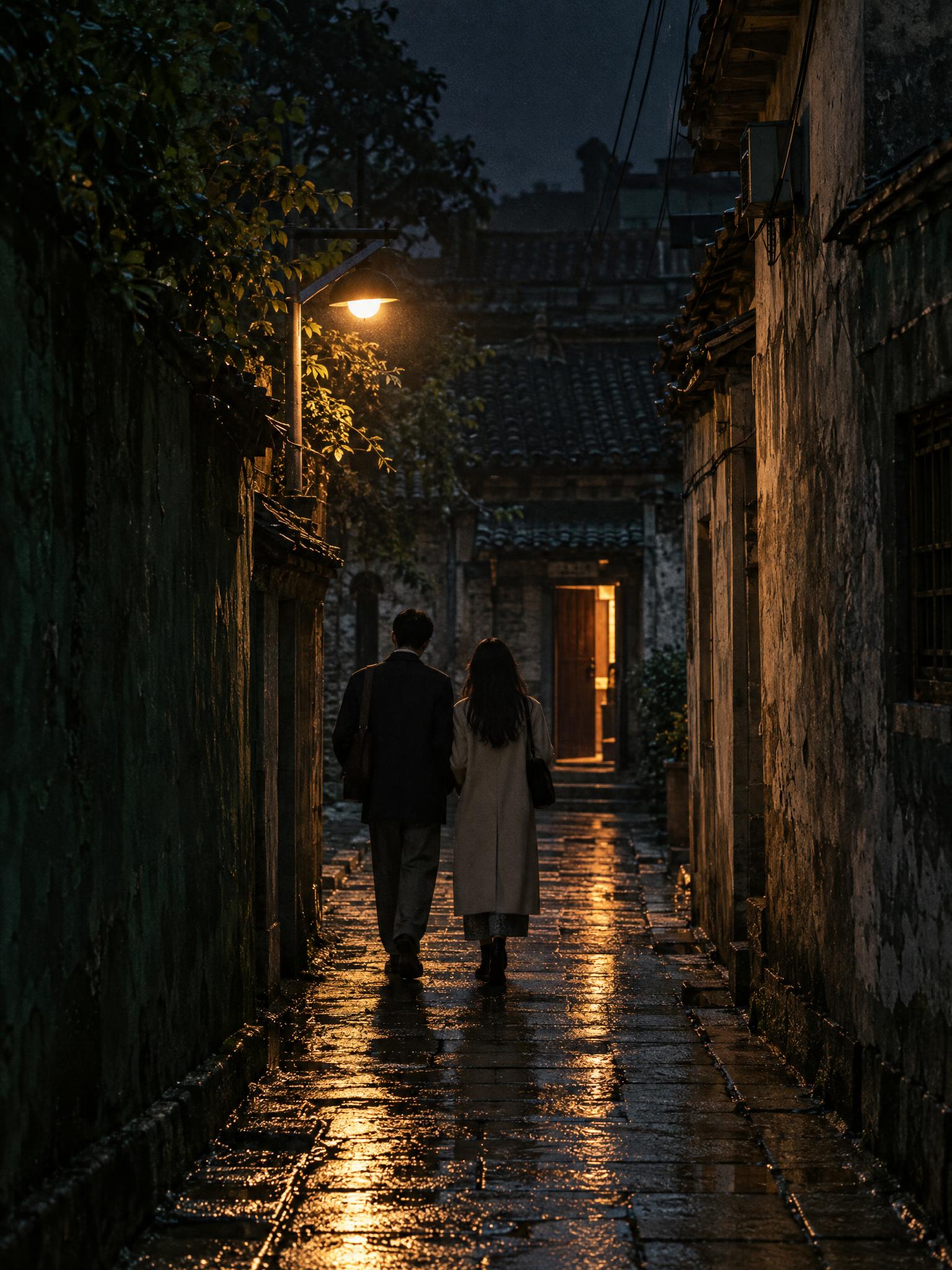 写实电影静帧，竖幅3:4。入夜后的旧街小巷，中远景：一对成年东… - 图片创意预览