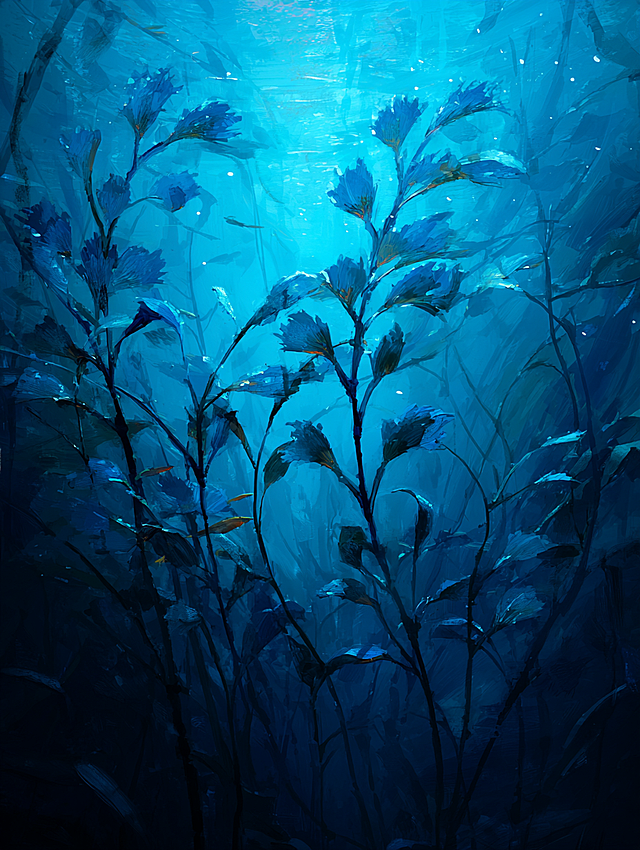 生成四张不同的淡蓝色水背景，里面有一些蓝色海藻，水质感强烈，高清，3:4的比例