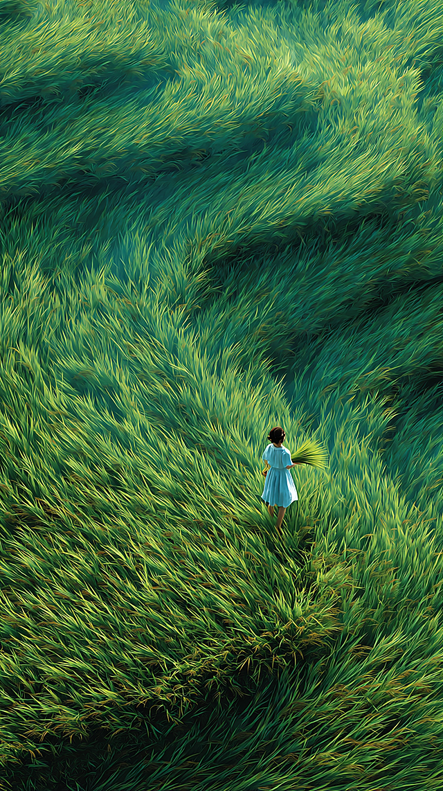 A bird's-eye view captures a short-haired girl in a pale blue dress, holding rice seedlings as she walks alone through boundless emerald rice fields. The figure occupies merely 1% of the frame, creating a striking visual contrast. The undulating rice paddies in the background flow with the wind, rendered with a dynamic blur effect that evokes poetic tranquillity. The scene is rendered in a realistic style with natural lighting, high detail, and an ultra-wide-angle composition, achieving a cinematic quality. The palette is rich yet soft.