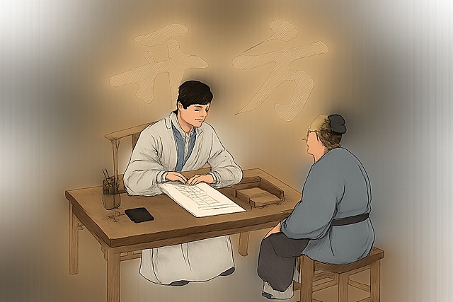 去除背景，保留画面中所有的人物、桌椅、文房四宝、药材等道具以及背景上的书法文字"开方"，只将米黄色宣纸纹理背景变为完全透明，保持人物和文字的完整形态与原有颜色不变，输出透明背景PNG