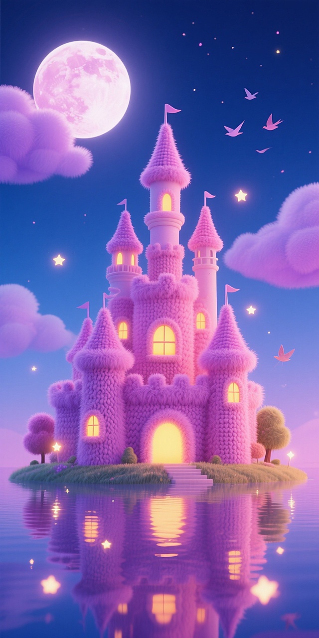 梦幻粉紫毛绒城堡，3D软萌风格，月夜倒影映照童话世界，可爱卡通风，虚拟自然场景，甜蜜治愈感。