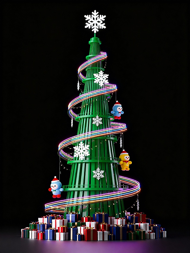 街边商场门口立着一棵巨型圣诞树，足有十几米高，远远望去像一座缀满珍宝的绿色高塔。树身缠满了七彩的霓虹灯带，风一吹，灯带微微晃动，光色也跟着流转；树上挂着的巨型雪花挂件和卡通玩偶，引得路过的小朋友踮着脚尖张望，树底的礼物盒堆成小山，还没拆开就已经满是节日的惊喜感。