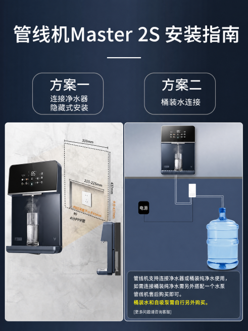 [主图] 管线机Master 2S安装指南图，所有文案、尺寸标注和两个安装方案全部保留不变，不改变原图结构布局。
[调整要求] 根据750*1000像素尺寸重新优化整体构图，适配竖屏比例，保持原有左右预览效果