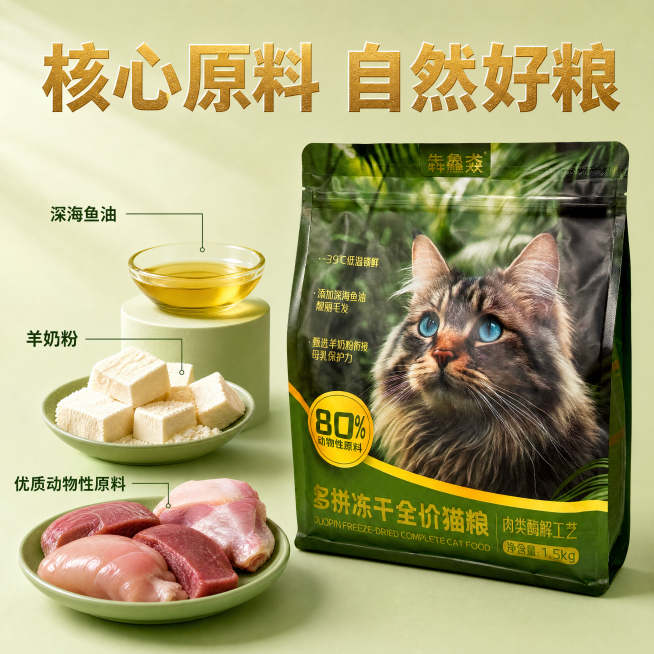 [主图-2] 犇鱻猋多拼冻干全价猫粮核心原料卖点图；氛围风格：真实食材展示，健康安心风；画质：商业摄影质感、光线柔和通透、产品清晰真实、画面干净高级。元素：猫粮包装袋放置在画面右侧，左侧展示主要原料：预览效果