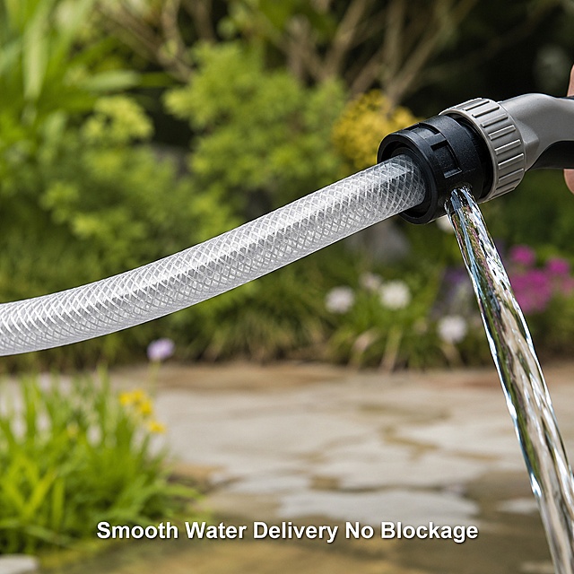 [Main Image 6] Scene application display of PVC Fiber Mesh Hose
[Atmosphere Style] Realistic industrial application scene style
[Image Quality] Commercial photography, natural light, clear product, real scene sense
[Elements] PVC fiber mesh hose is applied in garden irrigation scene, connected to the water gun interface, the water flows smoothly out of the interface, showing the smooth water delivery without blockage. The product maintains the same material and color as the original image, the scene is simple and real, the product is the main body, the environment is appropriately blurred to highlight the product
[Light and Shadow] Natural outdoor soft light, bright and natural light, real shadow
[Color Matching] Product silver-white, background green plant environment, natural color matching, low-saturation processing does not rob the product focus
[Perspective Composition] Head-up perspective, product and connection part as the visual center, moderate depth of field
[Text Layout] Bottom center text: Smooth Water Delivery No Blockage, text moderate size, clear and readable
[Output Requirements] 1:1 ratio, 2048x2048 pixels, text clear, ultra high-definition commercial photography texture
[Negative Prompt] Deformation, text confusion, blurry product image, messy background, watermark, extra marketing information, Chinese characters