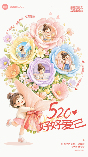 520情人节好好爱自己治愈系通用节日祝福竖版海报预览效果