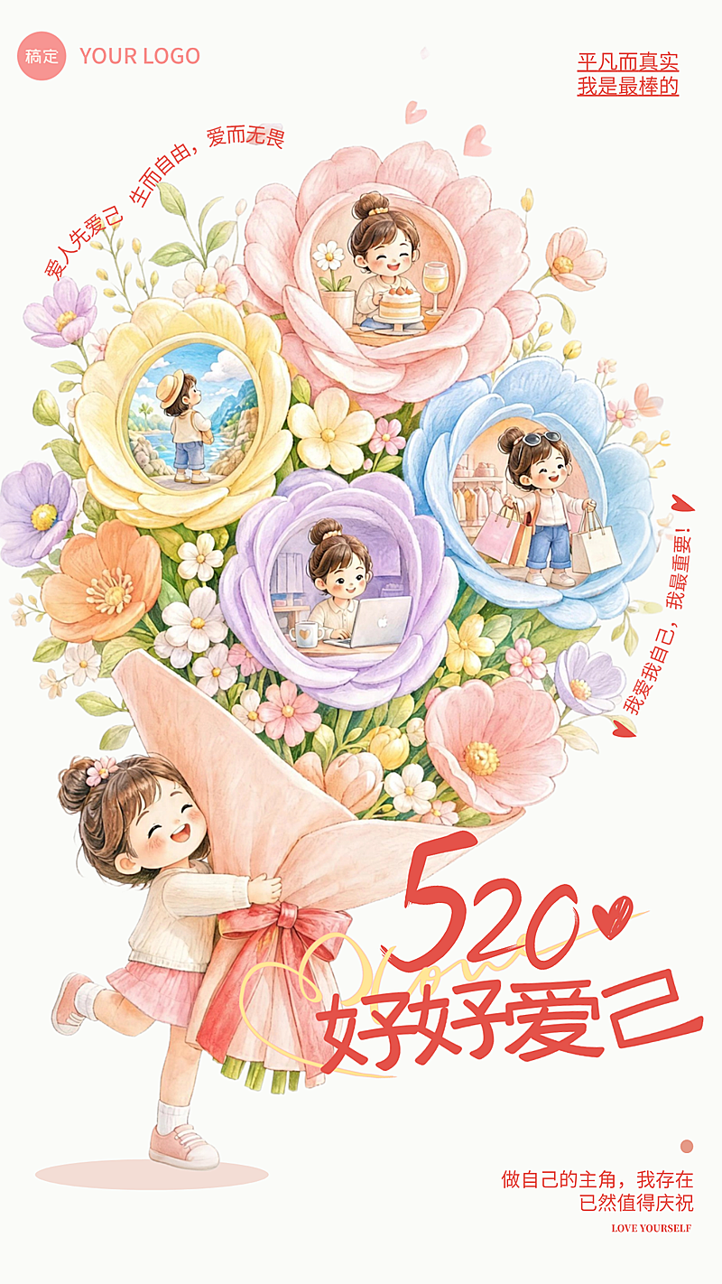 520情人节好好爱自己治愈系通用节日祝福竖版海报