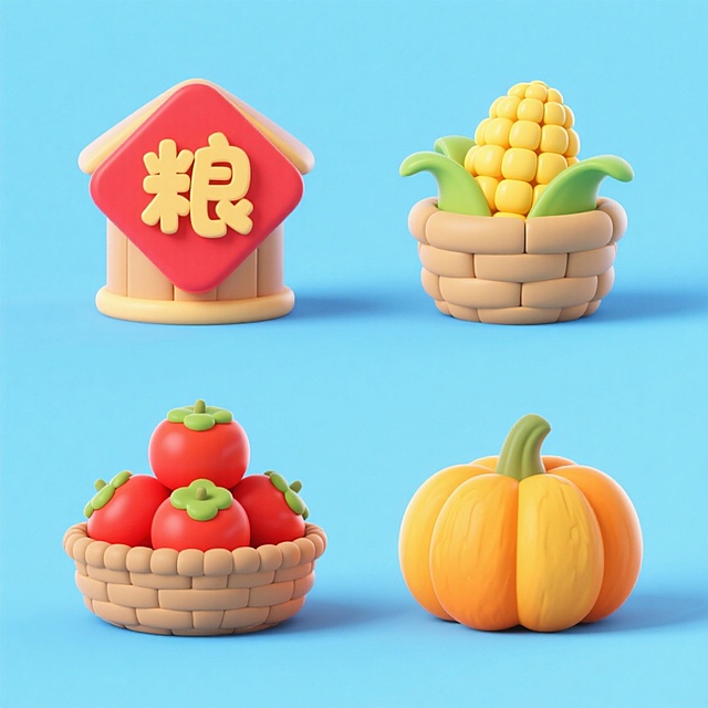 4个中秋素材组合，可爱电商促销感。素材包括：第一个粮仓（贴着带有 “粮” 字的红色菱形福字）；第二个一筐玉米；第三个一筐柿子；第四个南瓜。画面整体呈现鲜艳效果，淡蓝色背景。上下两行，排列整齐