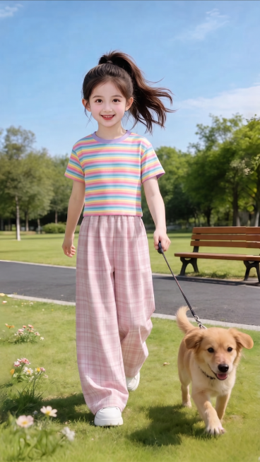 用图1的短袖和裤子替换图的2的人物穿搭衣服裤子，保留原场景光影，保持图2的人物的五官和发型不变，图片宽高尺寸不变，背景不变，鞋子不变，人物姿势不变，保持图1的短袖和裤子的款式材质不变和颜色不变预览效果