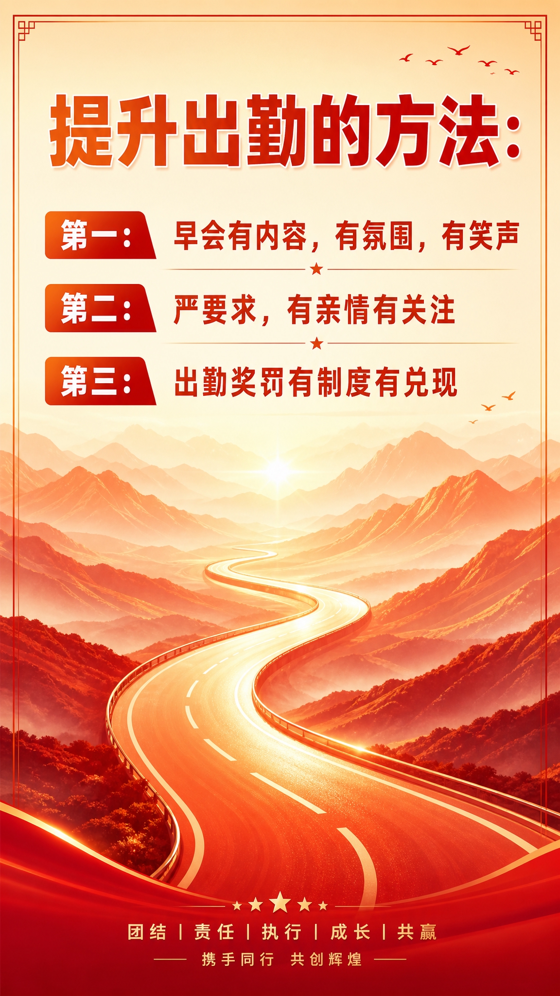 一张竖版企业文化宣传海报，主题为提升出勤方法宣传，暖橙红色系，… - 图片创意预览
