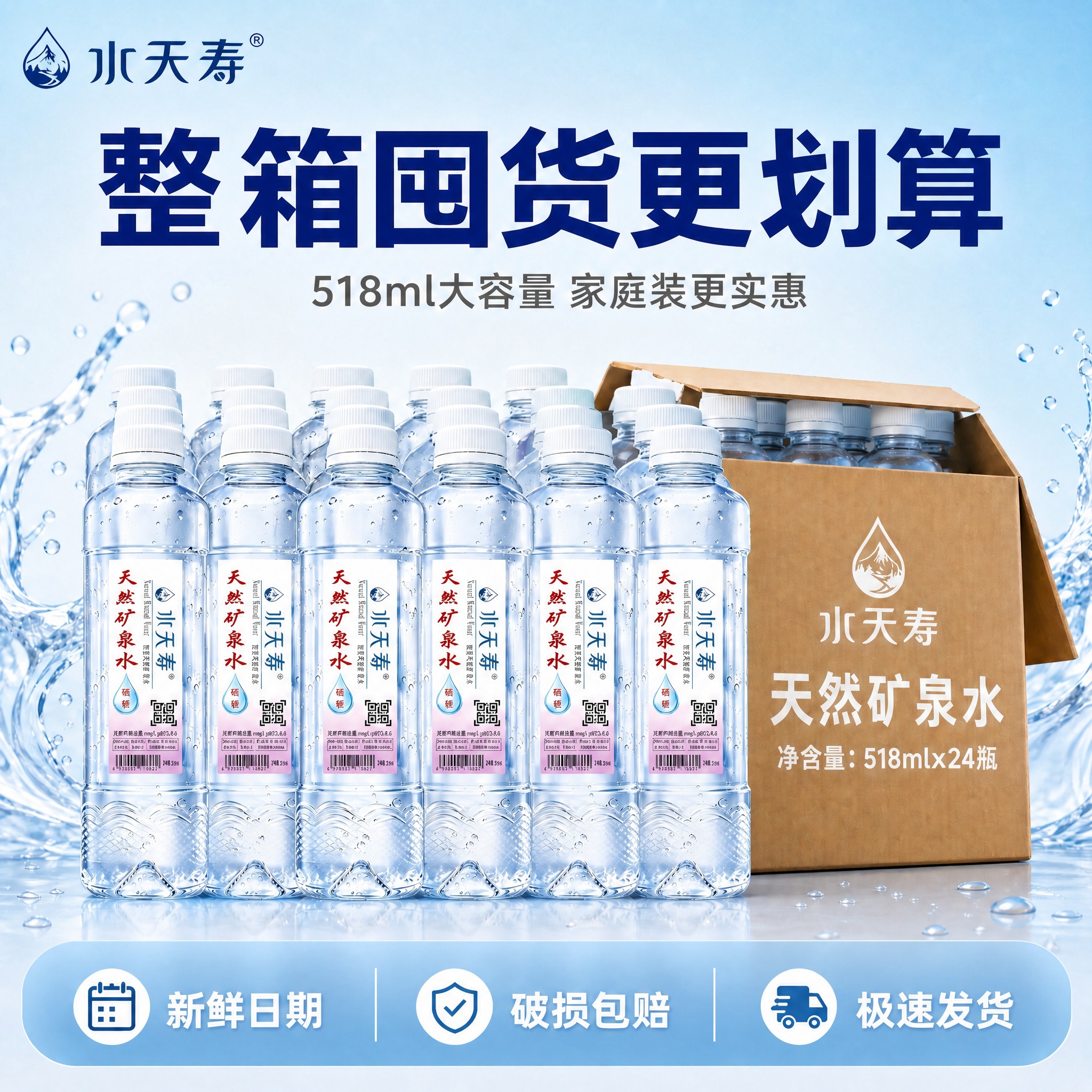 保持原图整体构图、瓶子排列、文字排版、背景、水花、底部服务承诺… - 图片创意预览