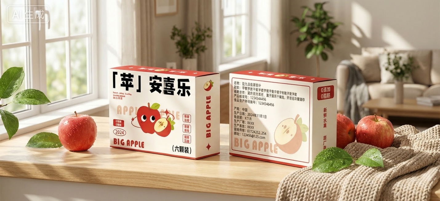 一张更有层次感的电商水果礼盒场景图。主体是两个红白色的苹果包装盒，保持原有包装盒上的所有文字、图案、Logo原样不变，保持主体物理结构不变。放置在北欧阳光客厅的浅木色窗台上，周围点缀新鲜红苹果、带露珠预览效果