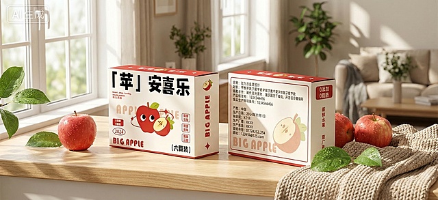 一张更有层次感的电商水果礼盒场景图。主体是两个红白色的苹果包装盒，保持原有包装盒上的所有文字、图案、Logo原样不变，保持主体物理结构不变。放置在北欧阳光客厅的浅木色窗台上，周围点缀新鲜红苹果、带露珠的绿叶和一块针织餐布，窗外透进自然光斑。光线是通透的自然光，柔和漫射，画面层次丰富，充满自然生机，温馨清新有生活感，符合国内电商种草氛围。