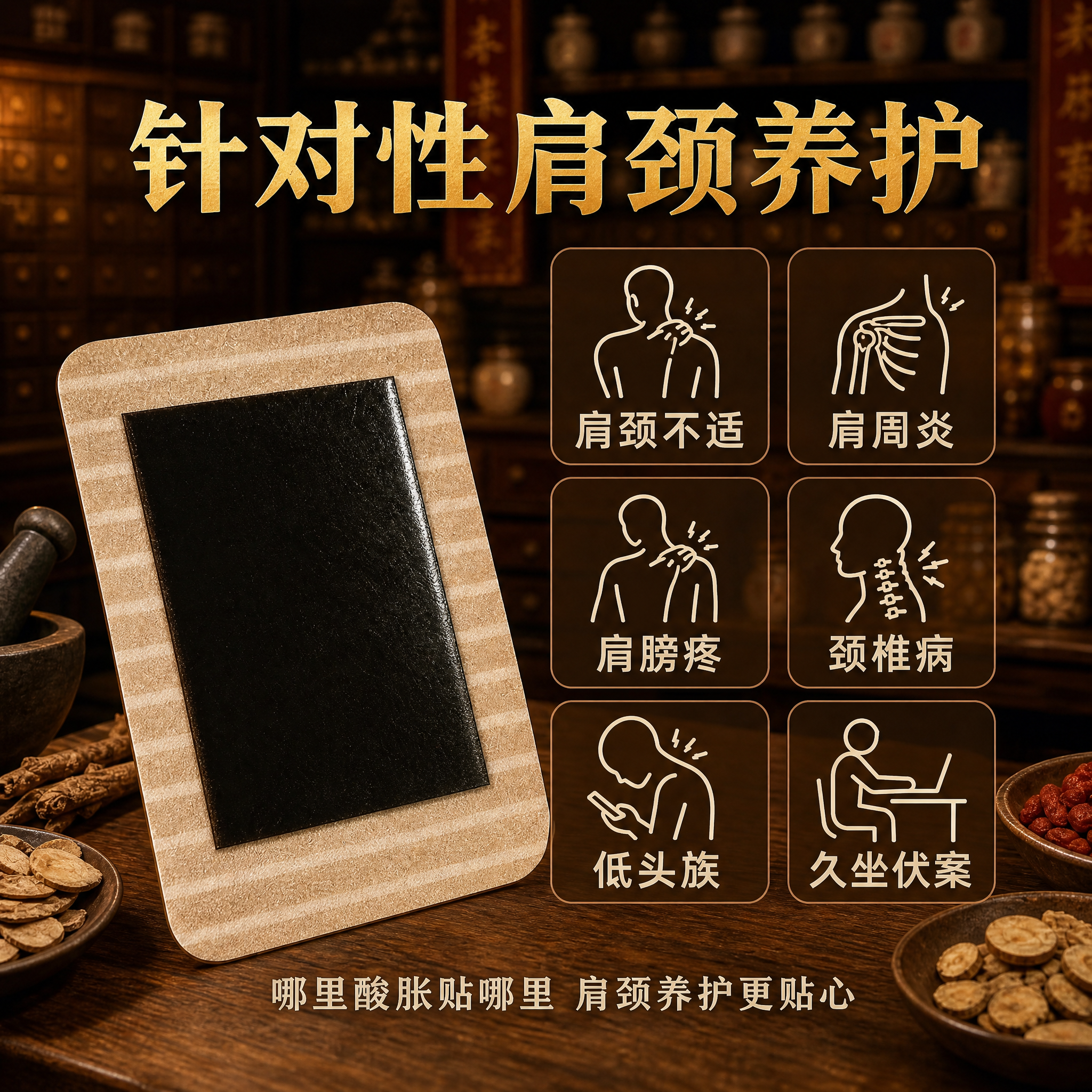 淘宝电商主图第二张，1:1比例，仲医筋骨贴肩颈适用人群信息图。… - 图片创意预览