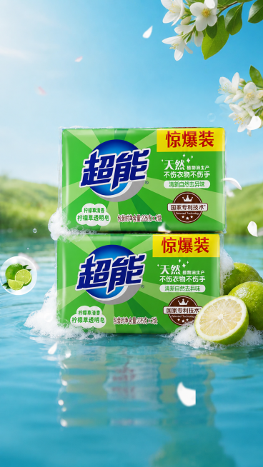 将图片中上方的雕牌透明皂包装替换为下方图片的超能肥皂包装，保持整体构图、背景、青柠和水花等其他元素都不变，只替换皂的包装预览效果