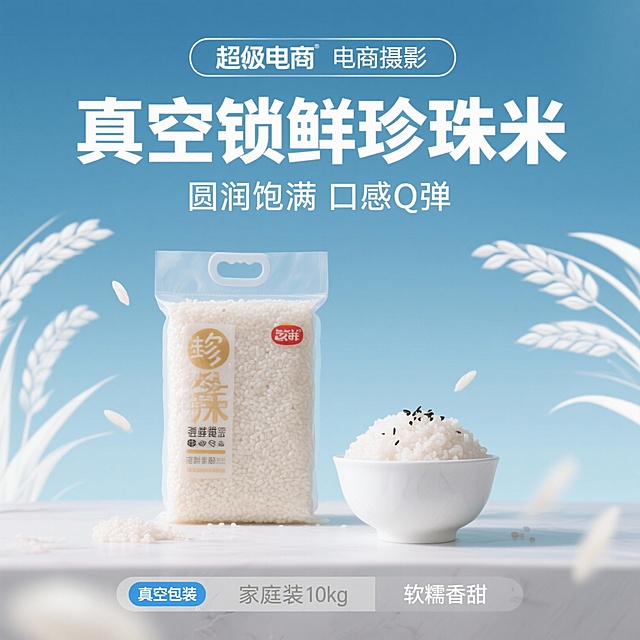 生成三张不同场景的大米电商主图