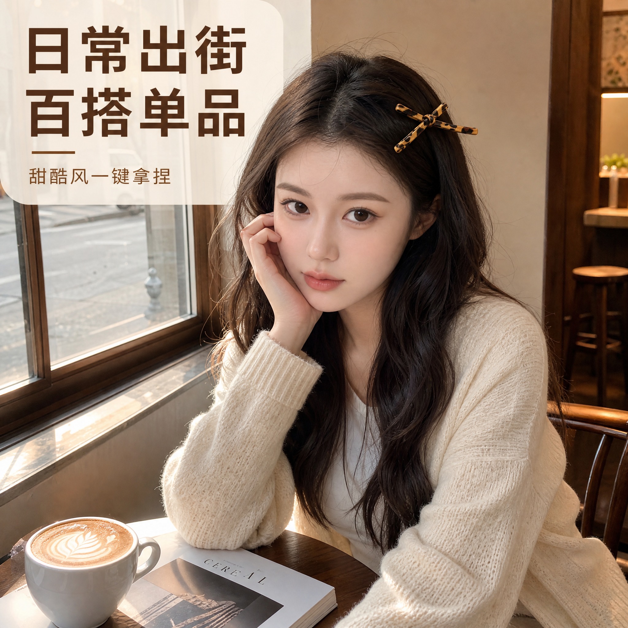 [主图-3] 豹纹蝴蝶结发夹多场景佩戴展示，突出百搭属性。 [… - 图片创意预览