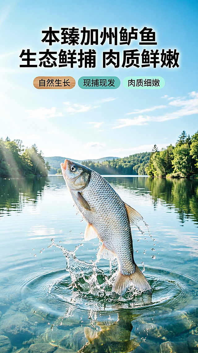 高空湖景远景，澄澈蓝天，湖面波光粼粼，翠绿山林环绕, 一条鲜活大白刁跃出水面，水珠飞溅通透，鱼身银亮带光泽；顶部大字标题「本臻加州鲈鱼 生态鲜捕 肉质鲜嫩」; 下方三个圆角标签：自然生长、现捕现发、肉质细嫩；柔和丁达尔阳光，湖水通透清澈，写实水产大片，氛围感清新治愈；竖版构图，浅薄荷蓝+原木色+湖水青主色调，4K超清，细腻柔和画质