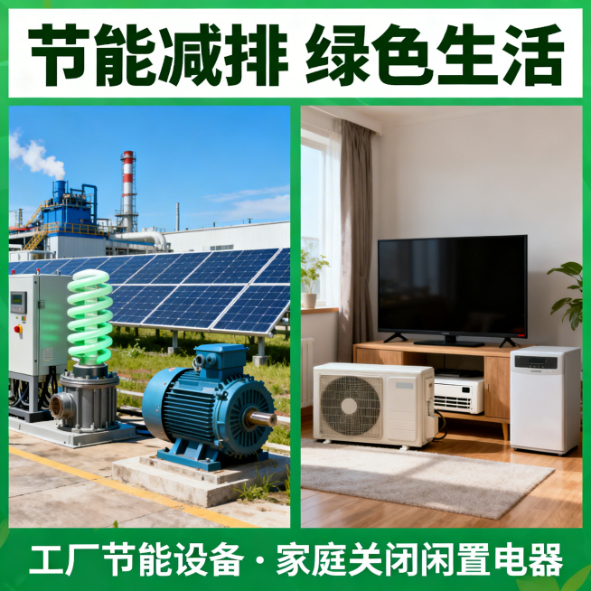节能减排主题正方形图片，画面展示工厂里的节能设备，家庭中关闭的闲置电器，传递节能减排理念预览效果