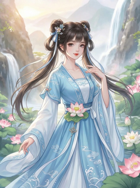 「图片1」类似画风的古装女子图，古风少女，蓝白清新服饰，双马尾发型，腰间莲花装饰，温柔灵动预览效果