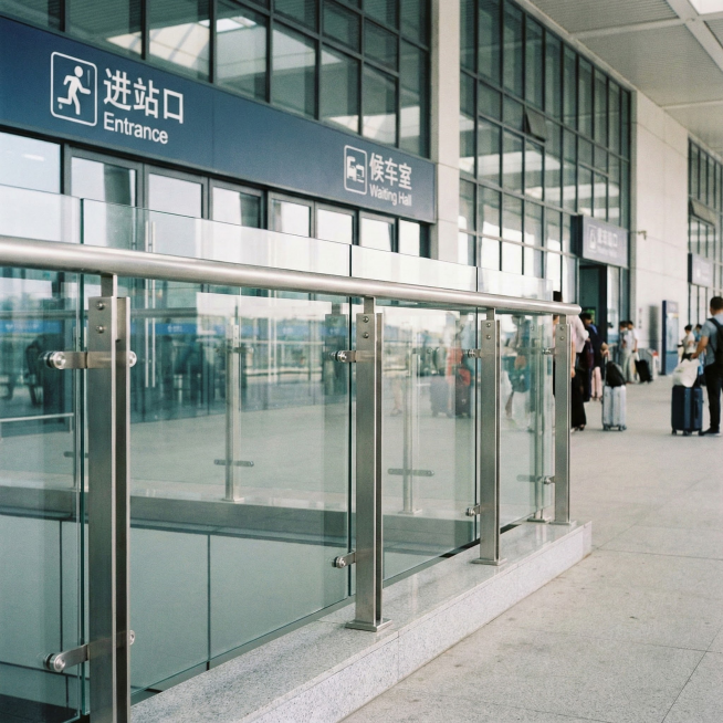 生成一张高铁站台玻璃护栏立柱隔离图片，场景为高铁站进站口预览效果