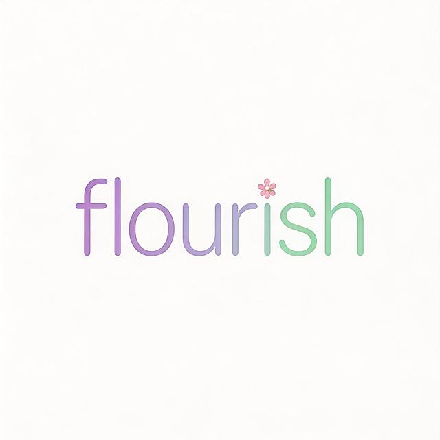 极简温暖专业的文字标识，品牌名为flourish，全部为小写字母，采用极轻细圆润现代的无衬线字体，字母有柔和友好的曲线无尖锐边缘，字母i的点替换为微小抽象五瓣淡粉色花形，文字颜色是柔和低饱和度的紫到浅海绿渐变，纯白色背景，扁平矢量设计，只有精致字体设计无其他插图，整体干净易读，散发平静成长滋养的温暖感