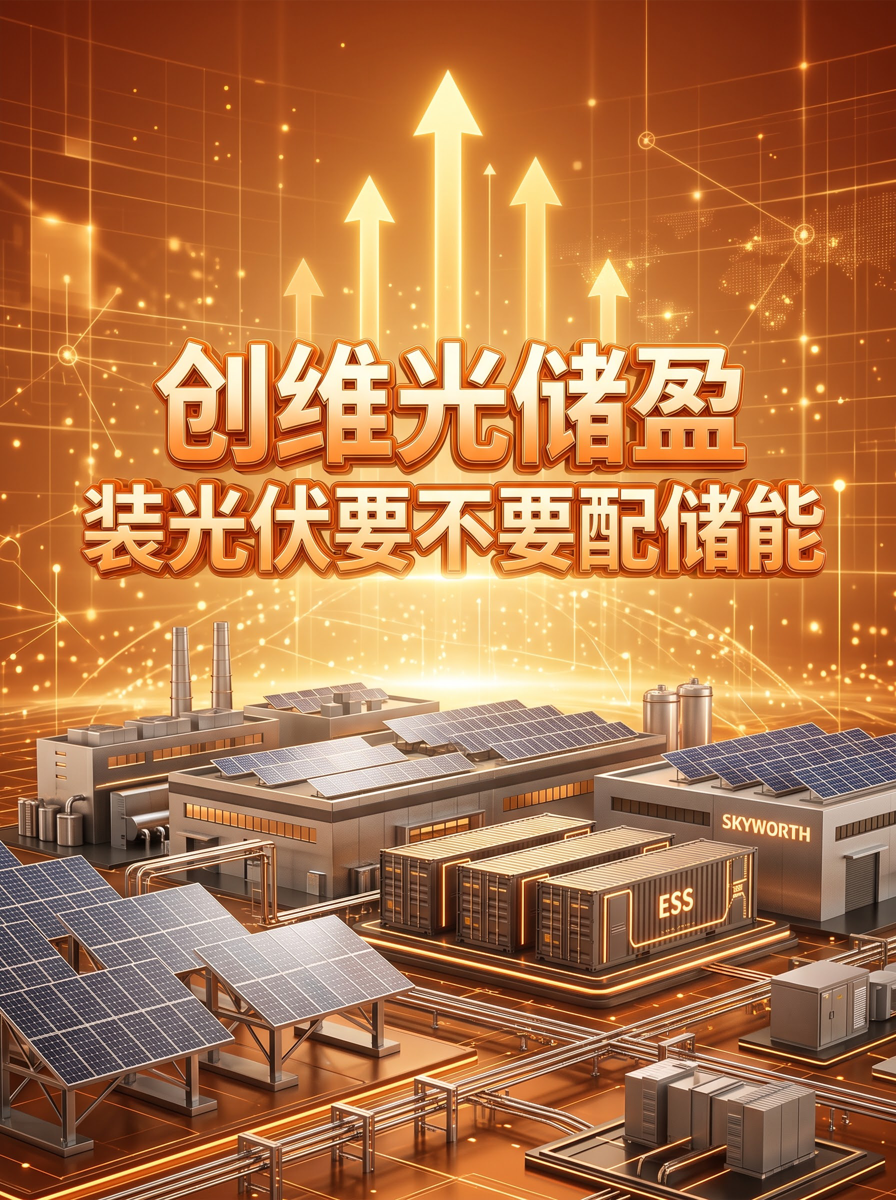 3D立体商务风光伏储能封面，3:4竖版，橙金配色。画面中央立体… - 图片创意预览