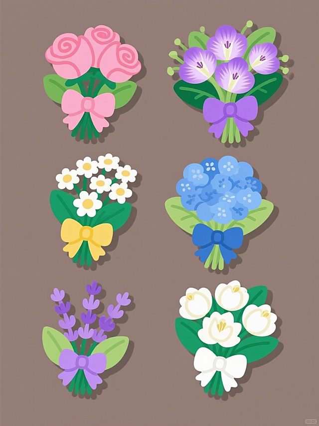 一组6个不同花束的规整排布插画，每个花束保持相同的卡通风格，线条简洁流畅，色彩明快，带有轻微阴影效果，纯色背景，整体色彩变换。第一个是玫瑰花束，粉色玫瑰搭配绿色叶子和粉色蝴蝶结；第二个是牵牛花花束，紫色牵牛花搭配绿色叶子和紫色蝴蝶结；第三个是小雏菊花束，白色小雏菊搭配绿色叶子和黄色蝴蝶结；第四个是绣球花花束，蓝色绣球花搭配绿色叶子和蓝色蝴蝶结；第五个是薰衣草花束，紫色薰衣草搭配绿色叶子和紫色蝴蝶结；第六个是栀子花花束，白色栀子花搭配绿色叶子和白色蝴蝶结。所有花束造型各异，但保持相同的整体风格和元素内容，整齐排列成系列素材集合。