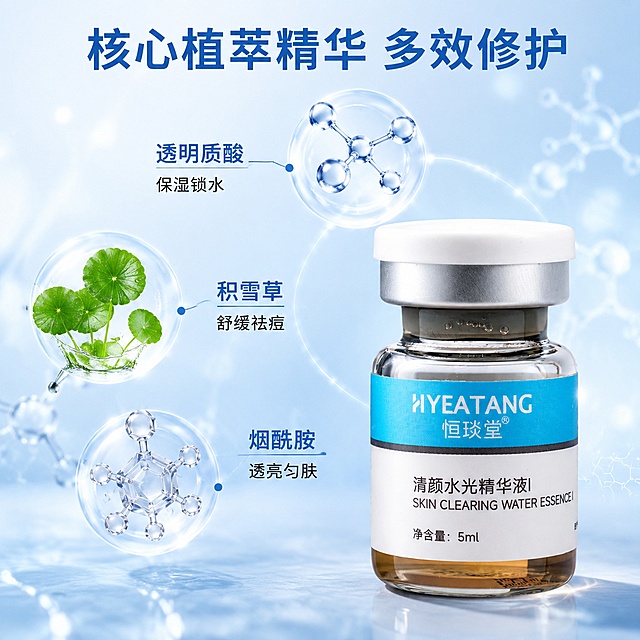 [主图-2] 恒琰堂清颜水光精华液核心成分解析图。
[氛围风格] 科研硬核成分风，通透干净
[画质] 超写实3D渲染，清晰细腻，科技感强烈
[元素] 产品单瓶放置在画面右下角，画面中上部和左侧环绕展示核心成分：透明质酸3D分子、积雪草提取物叶片、烟酰胺分子结晶，每个成分用浅蓝细线指向标注，文字清晰。背景浅蓝渐变科技底，点缀细碎光斑，元素丰富不简洁；保持瓶身外观颜色材质与原图一致。
[光影] 整体均匀柔光，每个成分有轮廓光突出立体感，产品底部软阴影自然，通透不暗沉。
[配色] 浅蓝基底，白色高光，成分标注深灰蓝文字，整体清新通透。
[视角构图] 俯视偏平视，产品右下角稳定构图，成分错落分布在左上空间，不拥挤不遮挡。
[文字版式] 顶部大字标题'核心植萃精华 多效修护'蓝色粗体，每个成分下方配小字标注对应功效：'透明质酸 保湿锁水'、'积雪草 舒缓祛痘'、'烟酰胺 透亮匀肤'，字体清晰不遮挡主体。
[输出要求] 1:1比例，文字清晰可辨，超高清商业质感
[负向提示词] 变形，文字错乱，产品模糊，背景杂乱，水印，电商平台Logo，绝对化违禁词