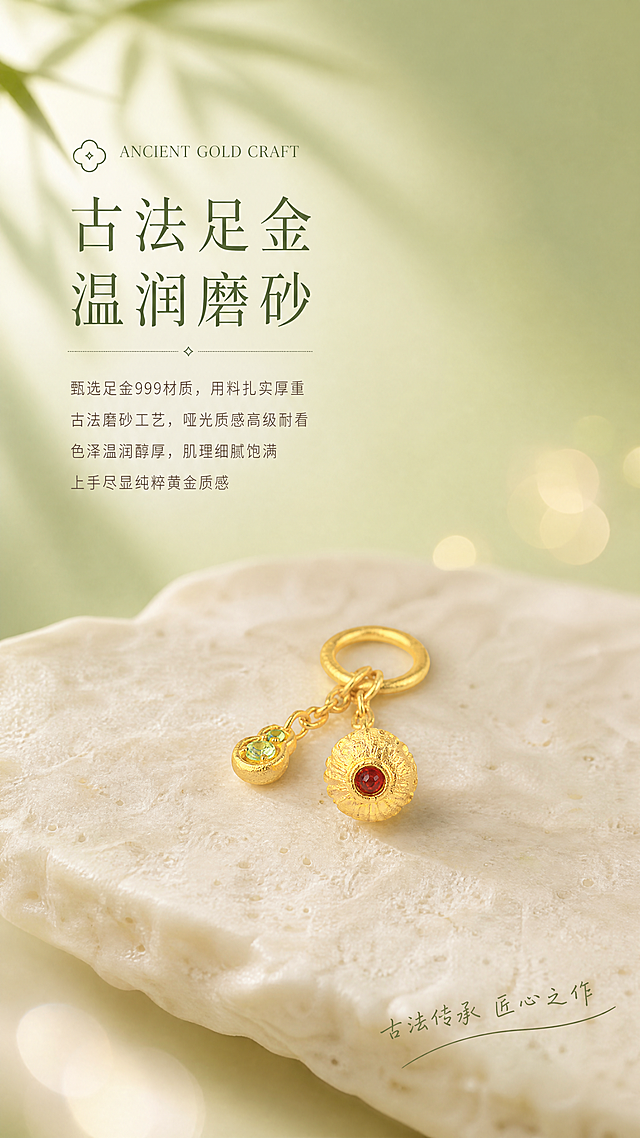 [商品] 使用【图4】福禄提溜古法黄金吊坠底部视角图，展示福球灯笼底部红宝石镶嵌与黄金磨砂肌理；严格保留产品结构、古法磨砂质感、黄澄澄黄金本色、红宝石正红色，禁止变形、重绘、改变比例；去除透明鱼线。
[画面] 页面目标为卖点1「古法足金 温润磨砂」，突出足金材质与古法工艺质感；产品横置于画面中下部的浅米色天然石材托盘上，占画面约40%，微距特写黄金表面磨砂肌理；背景为浅豆绿渐变虚化，左上角竹叶光影斜射，右下角点缀柔和光斑；3层景深（前景石材托盘/中景产品微距/背景绿色渐变+竹叶）；阅读动线从左上文字到右下产品。
[视觉] 套系策略：风格=高端新中式古法黄金珠宝详情页，松弛显贵，自然清新，品牌级设计感；标题字=免费商用宋体衬线体（纤细雅致，统一字重字号）；正文字=免费商用简洁无衬线体（纤细轻盈）；手写体=免费商用手写体（仅少量点缀）；英文小字=免费商用衬线体（纤细优雅）；主色=低饱和抹茶绿（浅豆绿色）；背景延展=基于抹茶绿做深浅渐变、暖米白过渡、石材/丝绸/宣纸等细腻材质延展；强调色=朱红色（仅用于印章、小面积点缀）；标题色=深墨绿；正文色=暖灰棕/浅墨绿；组件=细金线、简约小图标、竹叶剪影、虚线辅助线；光影=柔和左前侧漫射自然光，黄金磨砂肌理清晰，温润有光泽，无硬阴影、无强反光、无过曝。
[文字] 画面左上方：小图标 + 英文小字"ANCIENT GOLD CRAFT" + 主标题"古法足金" + 副标题"温润磨砂"；下方4行正文："甄选足金999材质，用料扎实厚重""古法磨砂工艺，哑光质感高级耐看""色泽温润醇厚，肌理细腻饱满""上手尽显纯粹黄金质感"；右下角手写体小字点缀；全部文字横排，层级清晰，留白克制。
[规格] 图片比例9:16竖版（宽1080px高1920px），4K高清，负向提示：避免透明鱼线、黄金发白过曝、死黑阴影、强反光、产品变形、宝石偏色、文字过多遮挡产品、促销感。