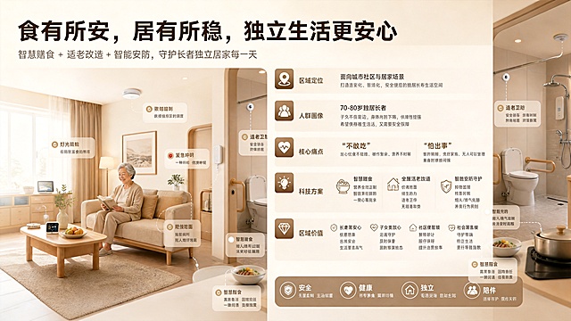 将展板内容横向拆分成4块，总面积保持不变，重新排版设计，保持原有极简居家温暖风格，主色调暖米色+浅咖色，稳重安心调性，弱化医疗感，强化居家氛围，文字清晰，高清落地画质。原展板内容包含：顶部主标语'食有所安，居有所稳，独立生活更安心'，面向70-80岁独居长者，涵盖区域定位、人群画像、核心痛点、科技方案、区域价值五个板块，介绍智慧膳食、全屋适老改造、智能安防服务