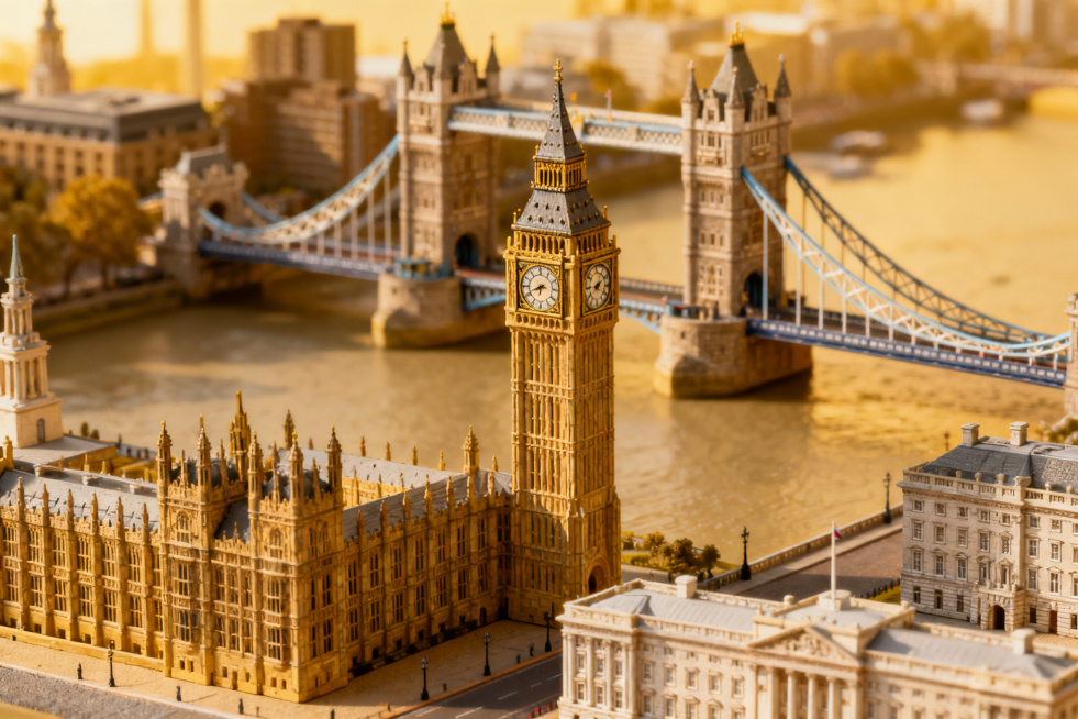 英国经典建筑，包含大本钟、伦敦塔桥、白金汉宫，复古写实风格，展现英伦庄重典雅氛围预览效果