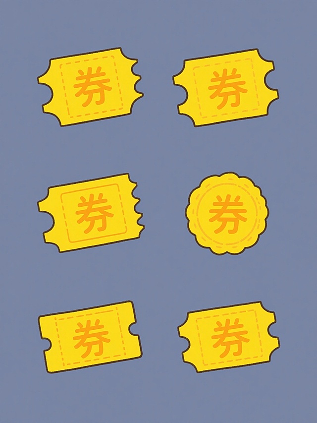 一组6个造型各异的黄色系优惠券系列素材，保持相同的卡通手绘风格和纯色背景，每个优惠券都有不规则的边缘和中心的“券”字符号，整体呈规整排布，每个优惠券的形状和细节设计各不相同，但都保持统一的视觉风格和元素内容。