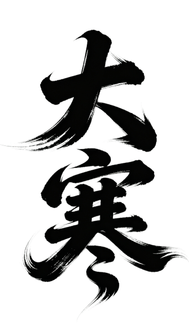 书法字体海报“大寒”，草书字体，狂野奔放，视觉张力富有动感，超粗笔画流畅飘逸，笔画巧妙延长变形，飞白效果，笔画流畅潇洒，纯黑色透明背景，黑色字预览效果