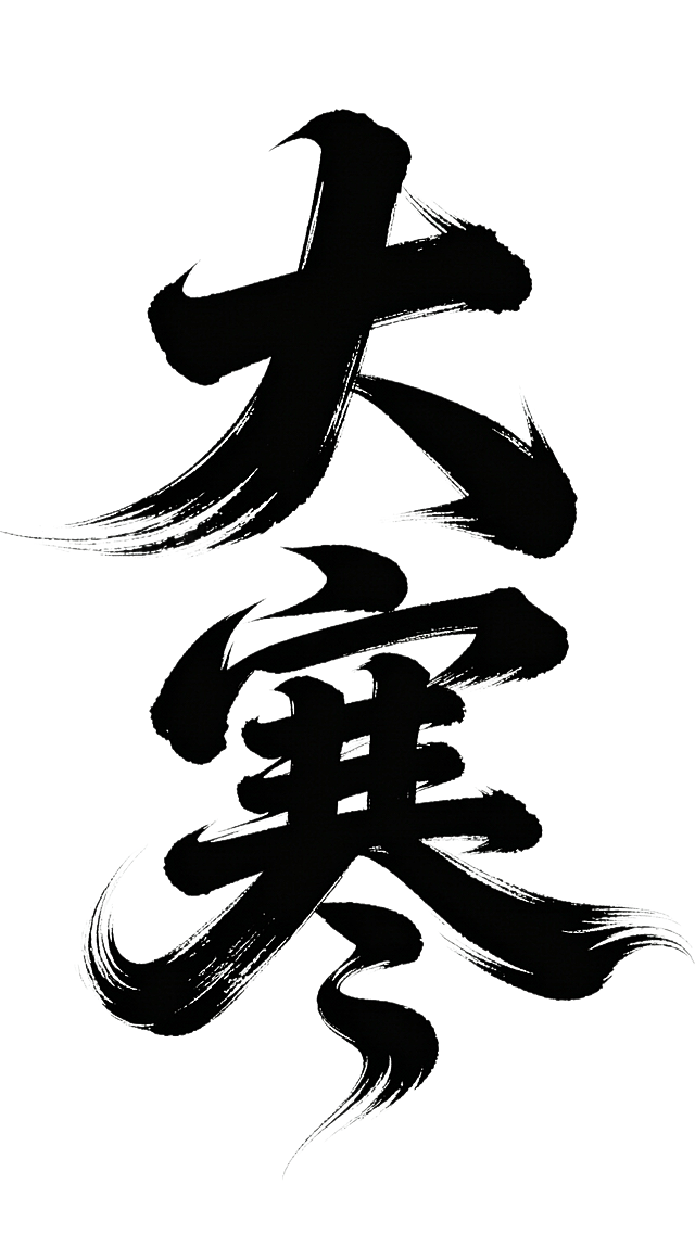 书法字体海报“大寒”，草书字体，狂野奔放，视觉张力富有动感，超粗笔画流畅飘逸，笔画巧妙延长变形，飞白效果，笔画流畅潇洒，纯黑色透明背景，黑色字