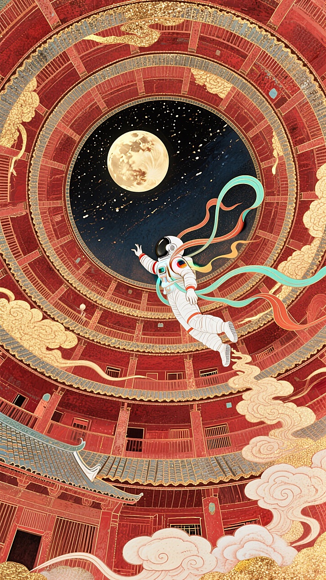 极致的仰视视角超强纵深透视，螺旋环绕构图，祥云环绕贯穿整个画面，红色的中国土楼内部，宇航员呈敦煌飞天姿势从土楼内向星空飞去，满月，超强透视，整体呈现红色调
