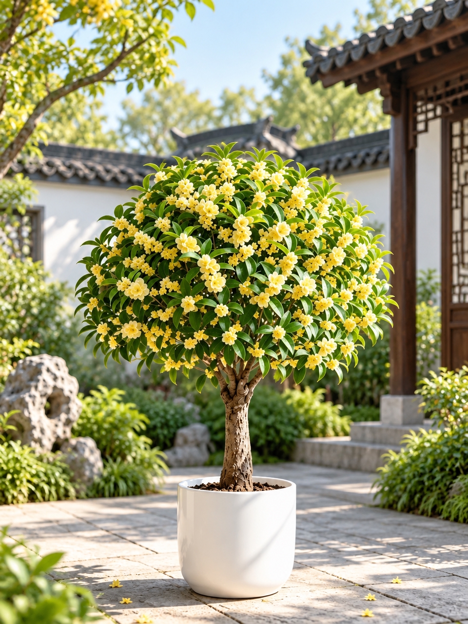去除图中所有文字卖点和印章，保留桂花树盆栽主体，将背景替换为清… - 图片创意预览