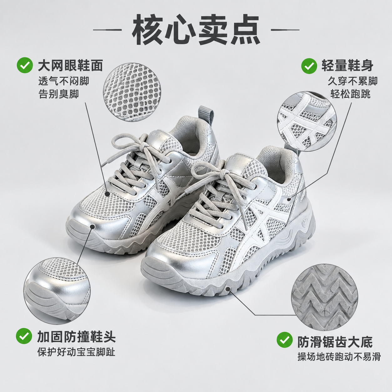 [主图-3] 产品卖点图，鞋子多角度细节特写，引线标注四大功能… - 图片创意预览