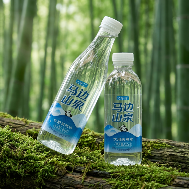 马边山泉饮用天然水，500ml和330ml两种规格斜向错开摆放在青绿苔藓木板上，背景是模糊的绿色竹林，光线柔和通透，展示全系列产品，不需要显示任何文案。保持两个瓶子外观细节、容量标注、标签文字图案分别预览效果