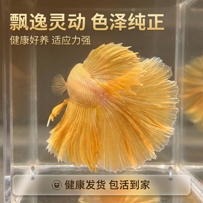 [主图 3] 细节与种草展示：保持大黄袍半月斗鱼外观和原图一致，聚焦放大斗鱼的超大半月尾鳍细节，展示渐变暖黄色尾鳍蓬松飘逸的纹理质感，清澈透明水体背景，柔和光影增强立体感。主标题“飘逸灵动 色泽纯正”预览效果
