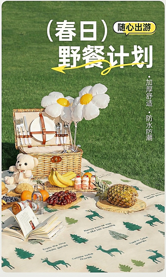 野餐垫上面图案缩小一点，密度增加2倍，野餐垫上面的菱形格子去掉，